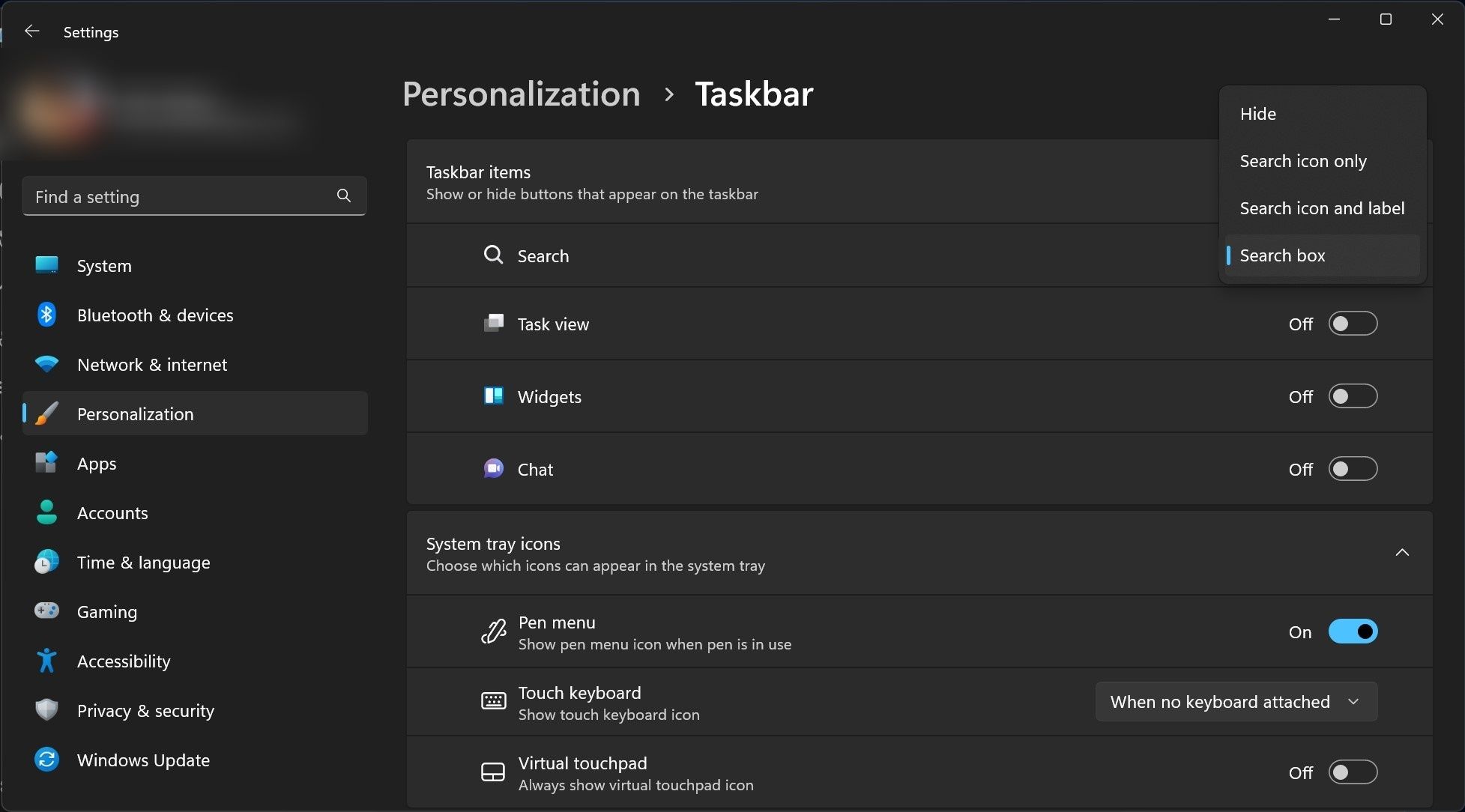 Search design options in Taskbar