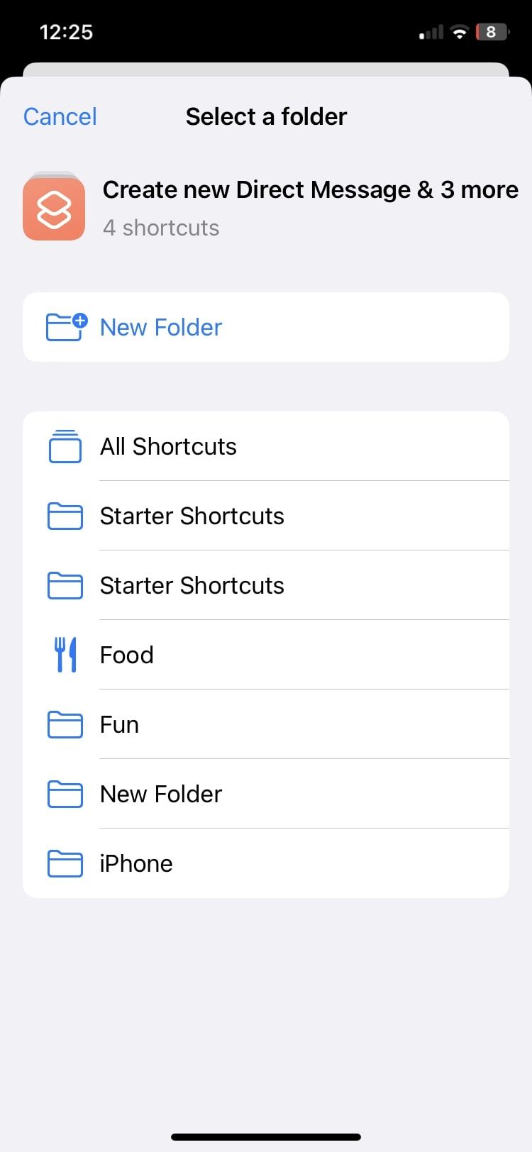 select folder in the Shortcuts app