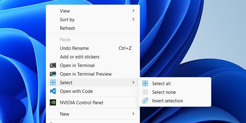 using the Select menu from the context menu on Windows 11