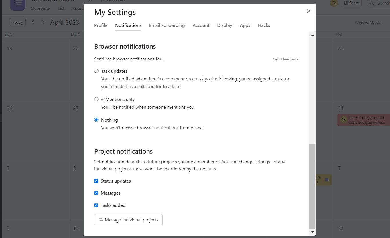 definindo notificações na Asana