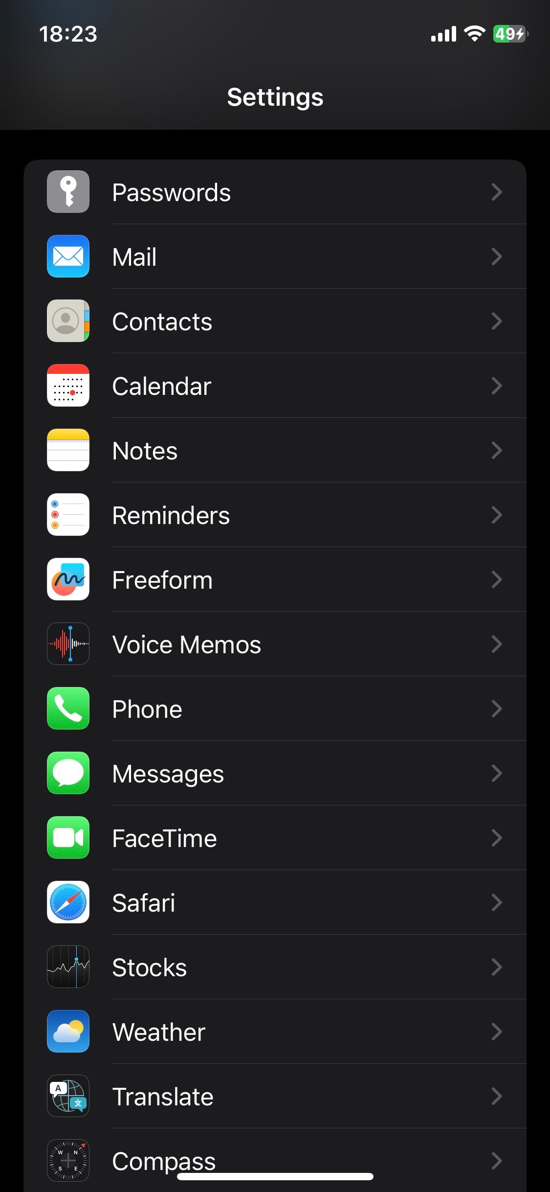 Settings menu on iOS