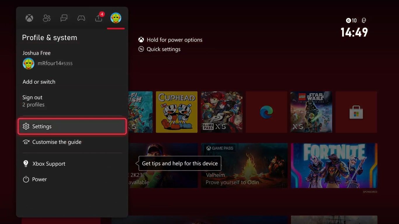 A screenshot of the Profile and System settings for an Xbox Series X with the option for Settings highlighted 