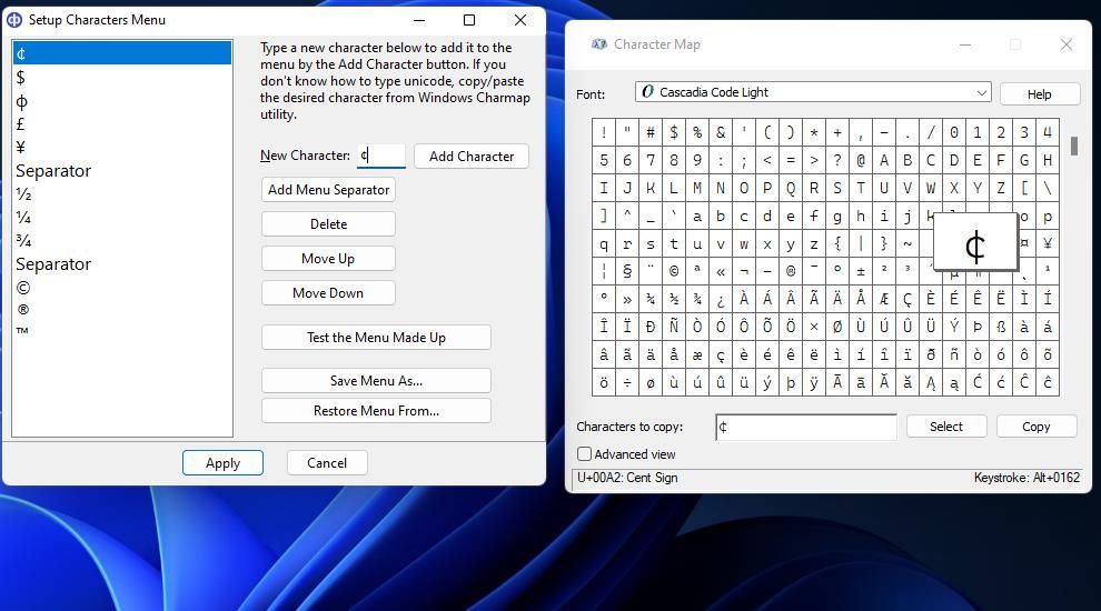 پنجره Setup Characters Menu