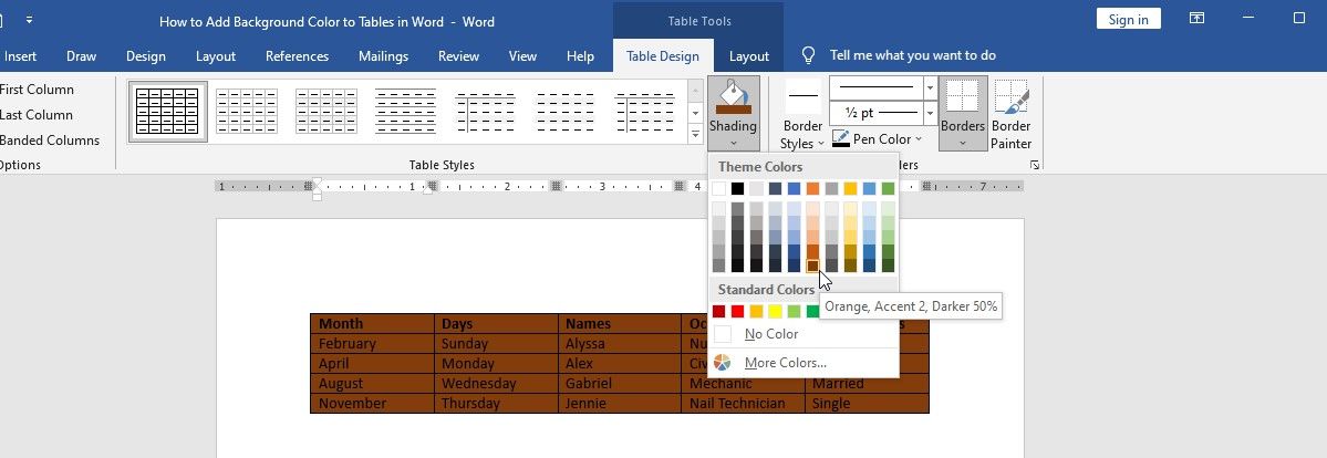 Preview Shading Color in Word