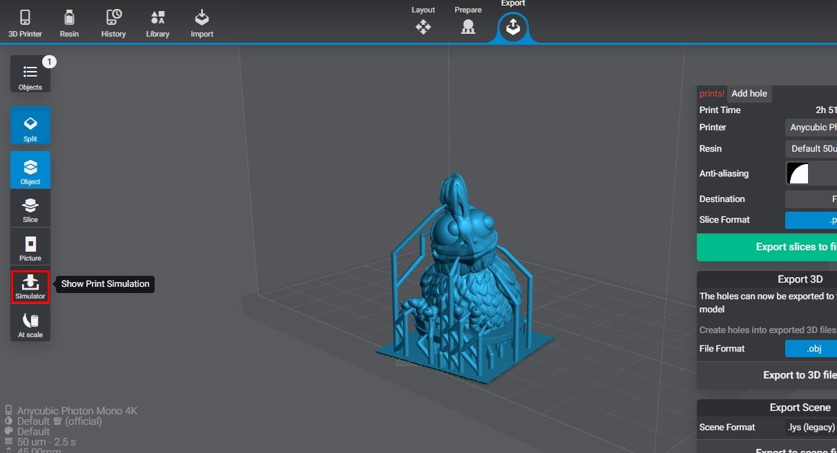 An option to simulate the printing process in lychee