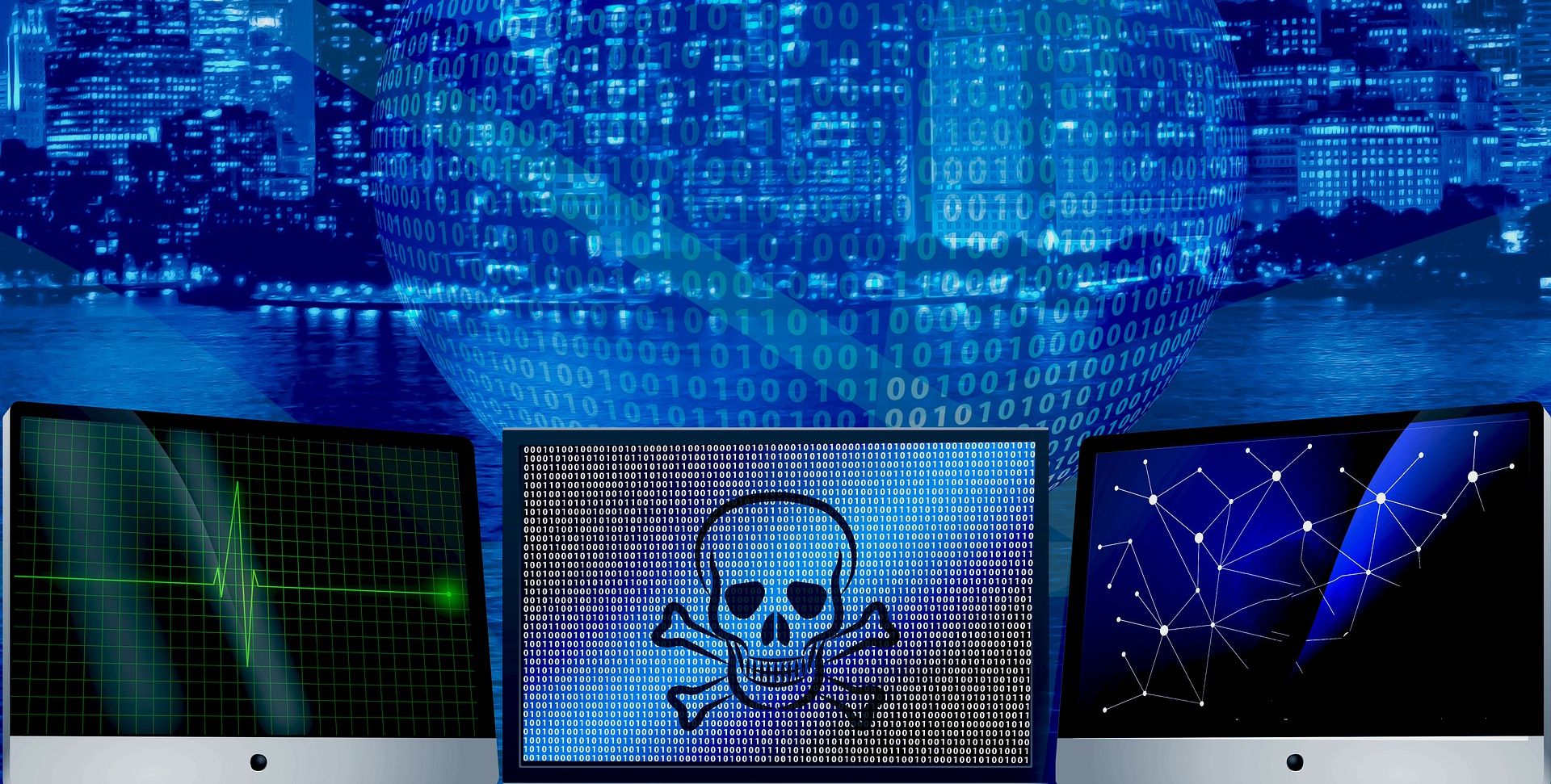 three computer screens with skull and cross icon in center and binary code globe and city in background
