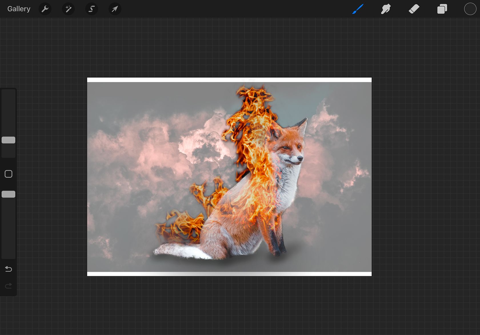 روباه در آتش در پس زمینه دود در Procreate