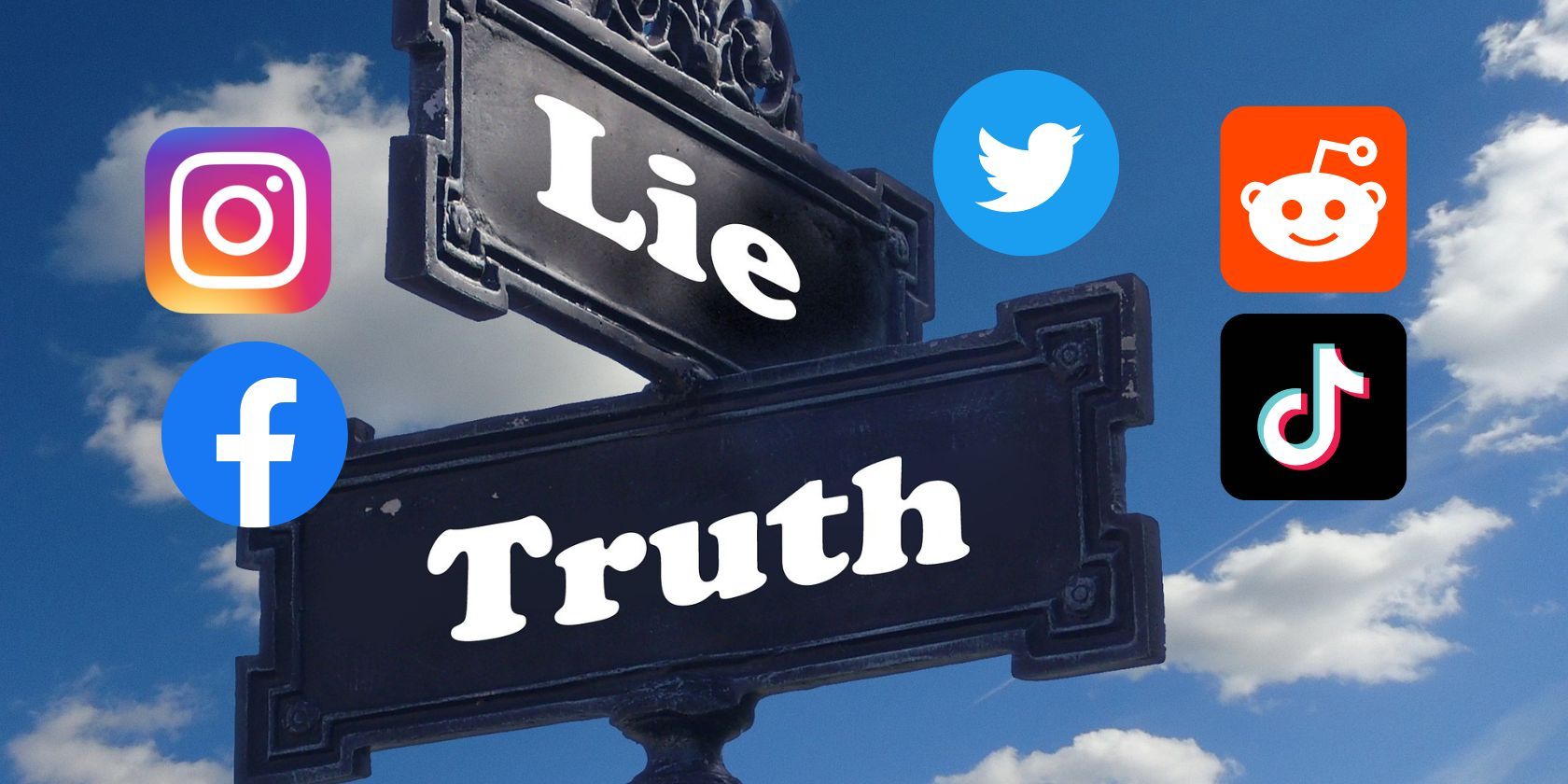 Signs saying Lie and Truth with various social media logos superimposed around them