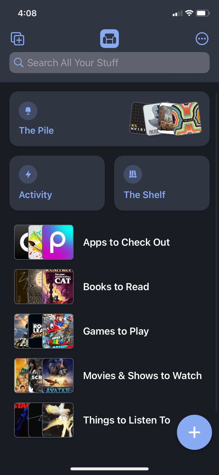 Écran d'accueil de l'application Sofa Downtime Organizer
