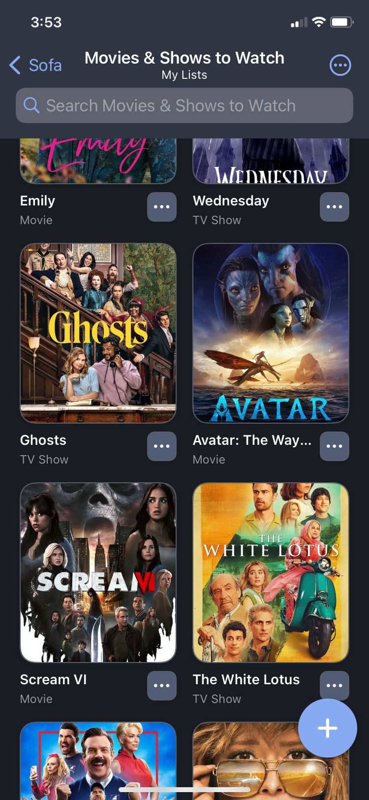 L'écran de l'application Sofa Downtime Organizer pour les films et les spectacles