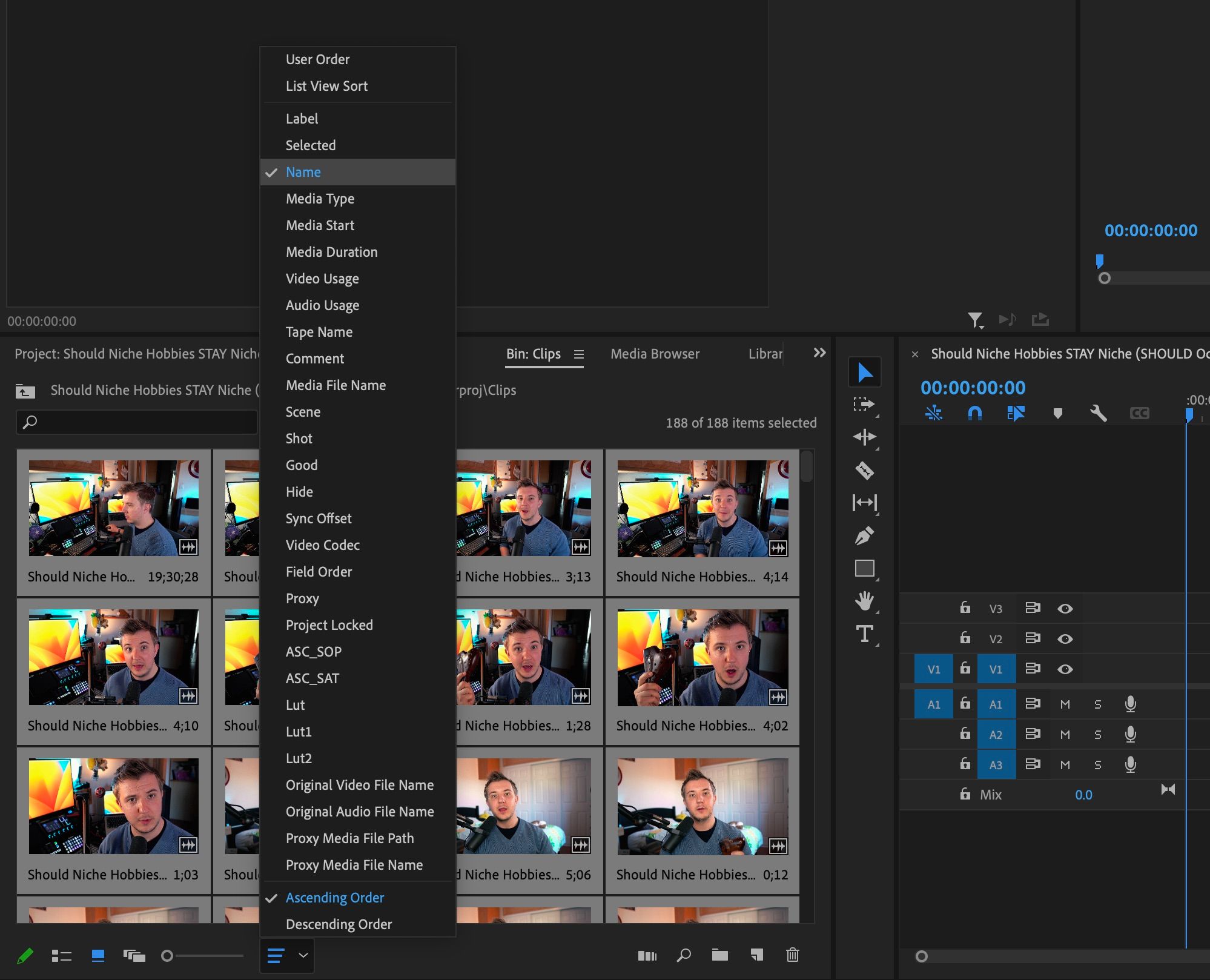 Sorting newly linked video clips by Name in Premiere Pro