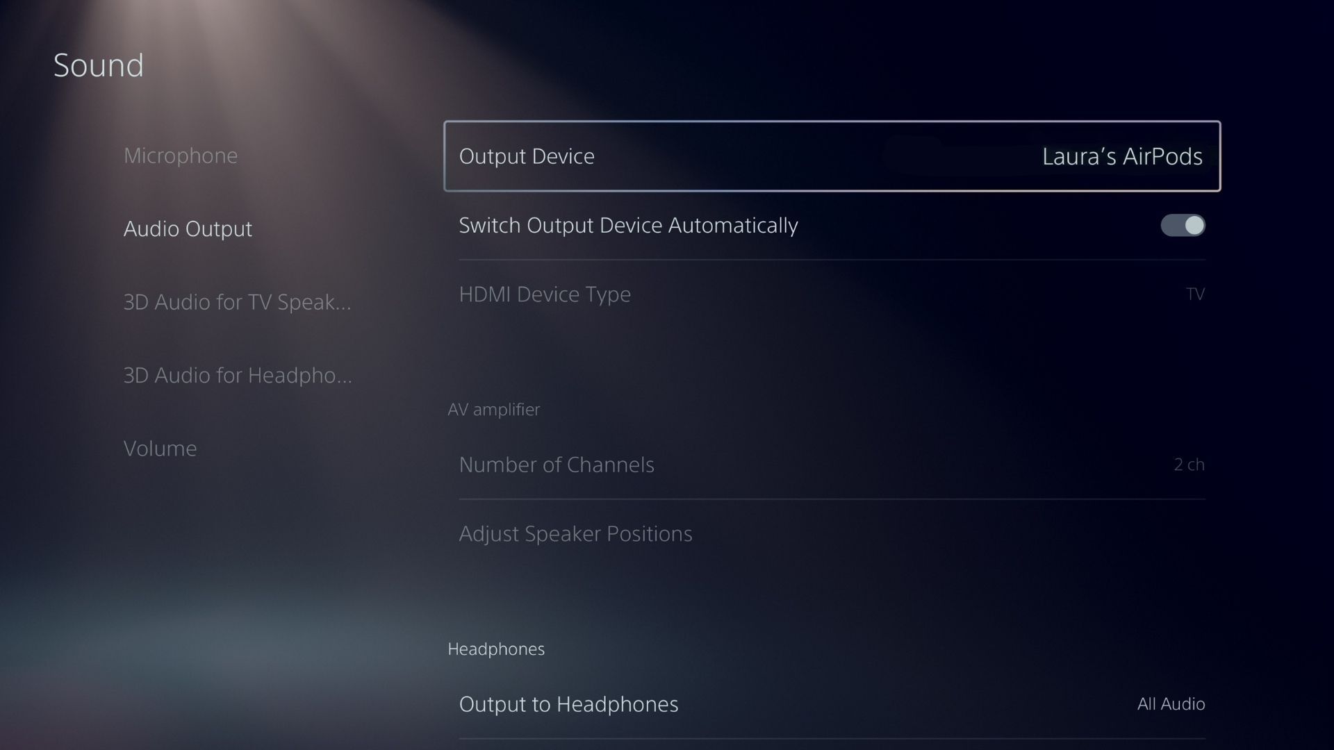 Sound Output Settings on the PS5 Ensure Headphones Are Selected 
