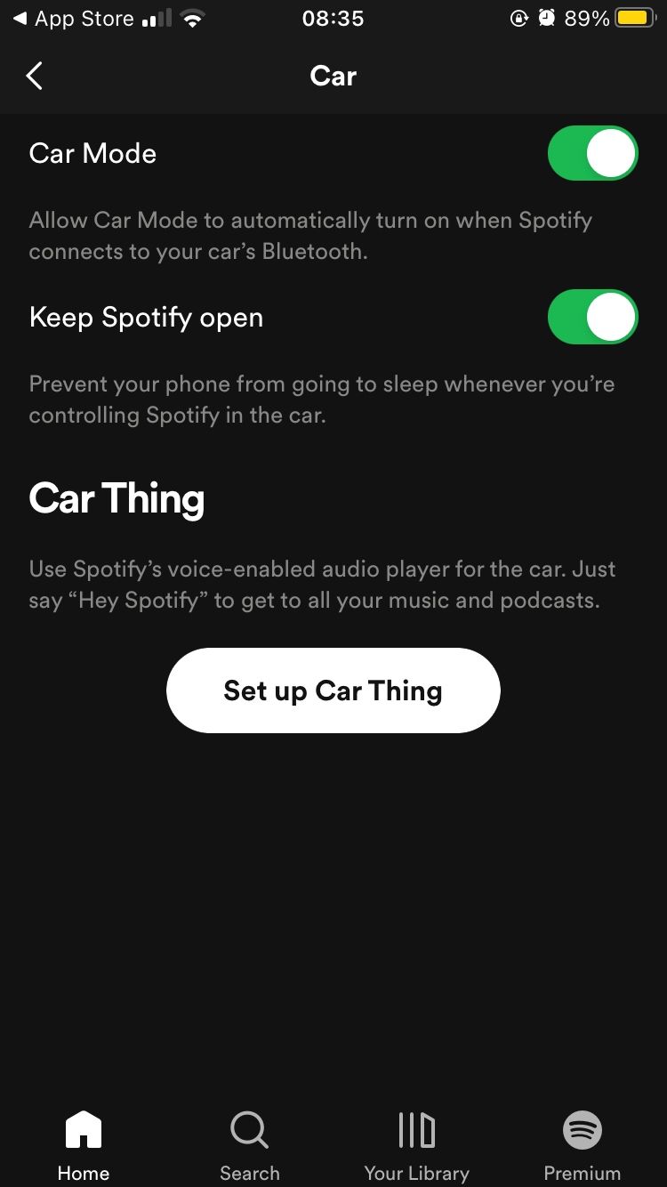 Spotify car settings page on mobile app