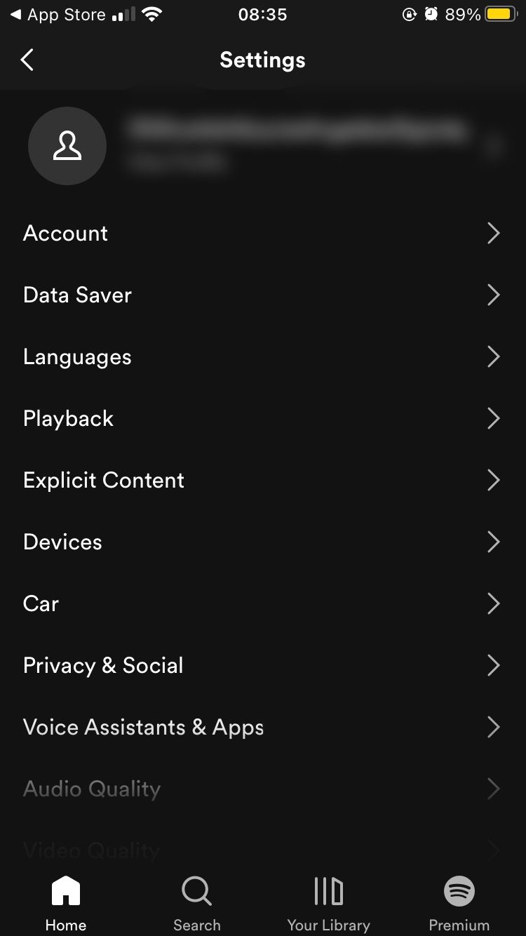 Spotify settings page on mobile app