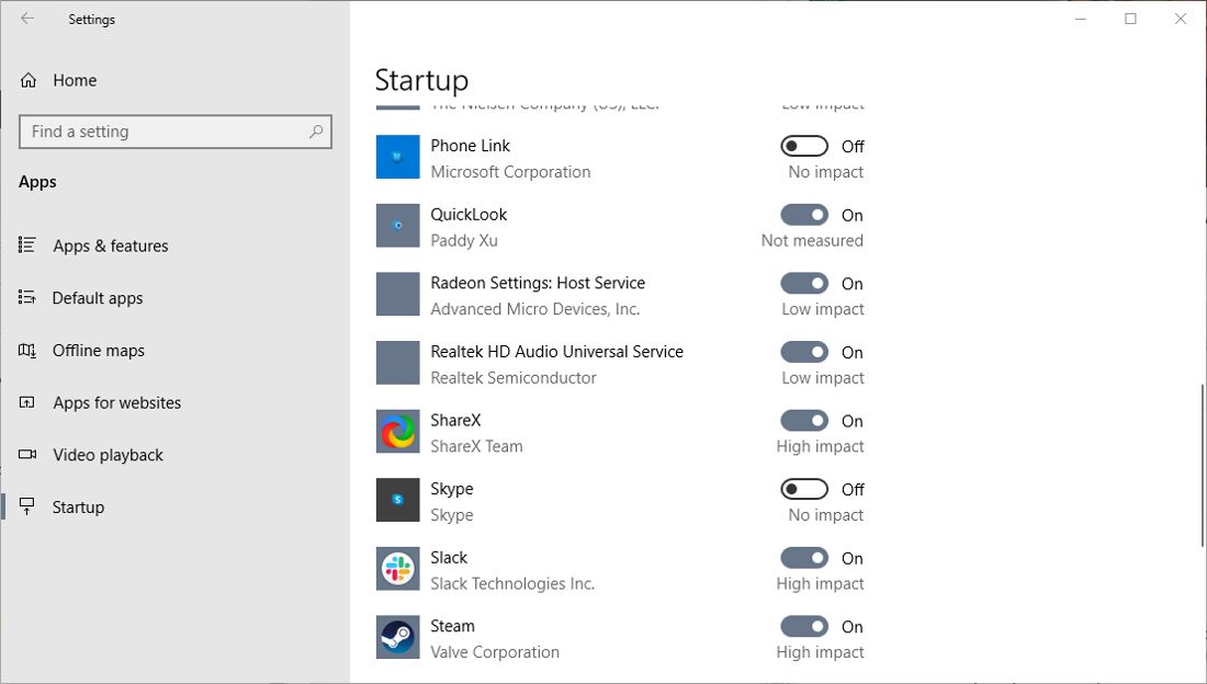 the startup apps menu is Windows 10 settings