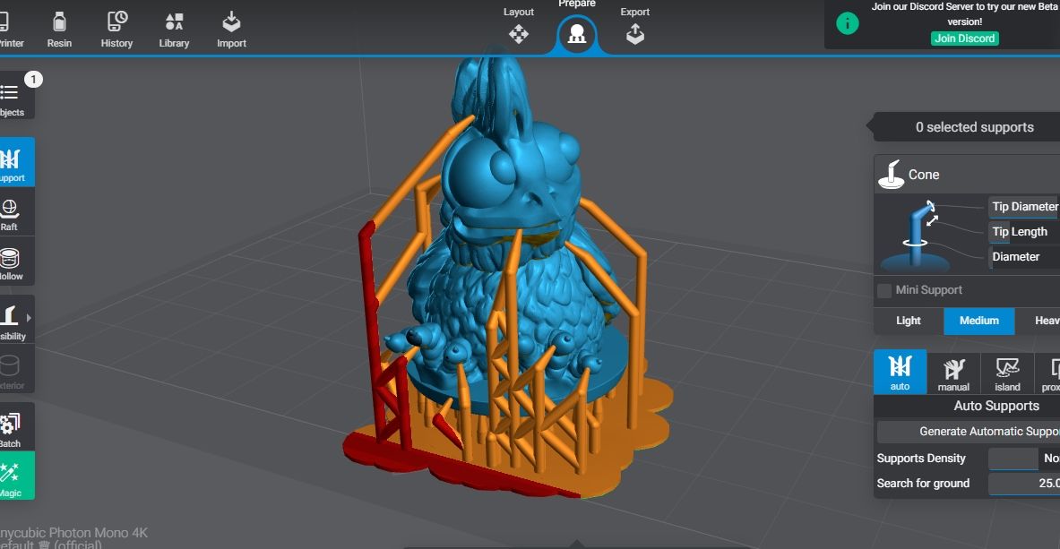 Automatical supports added to a 3D model