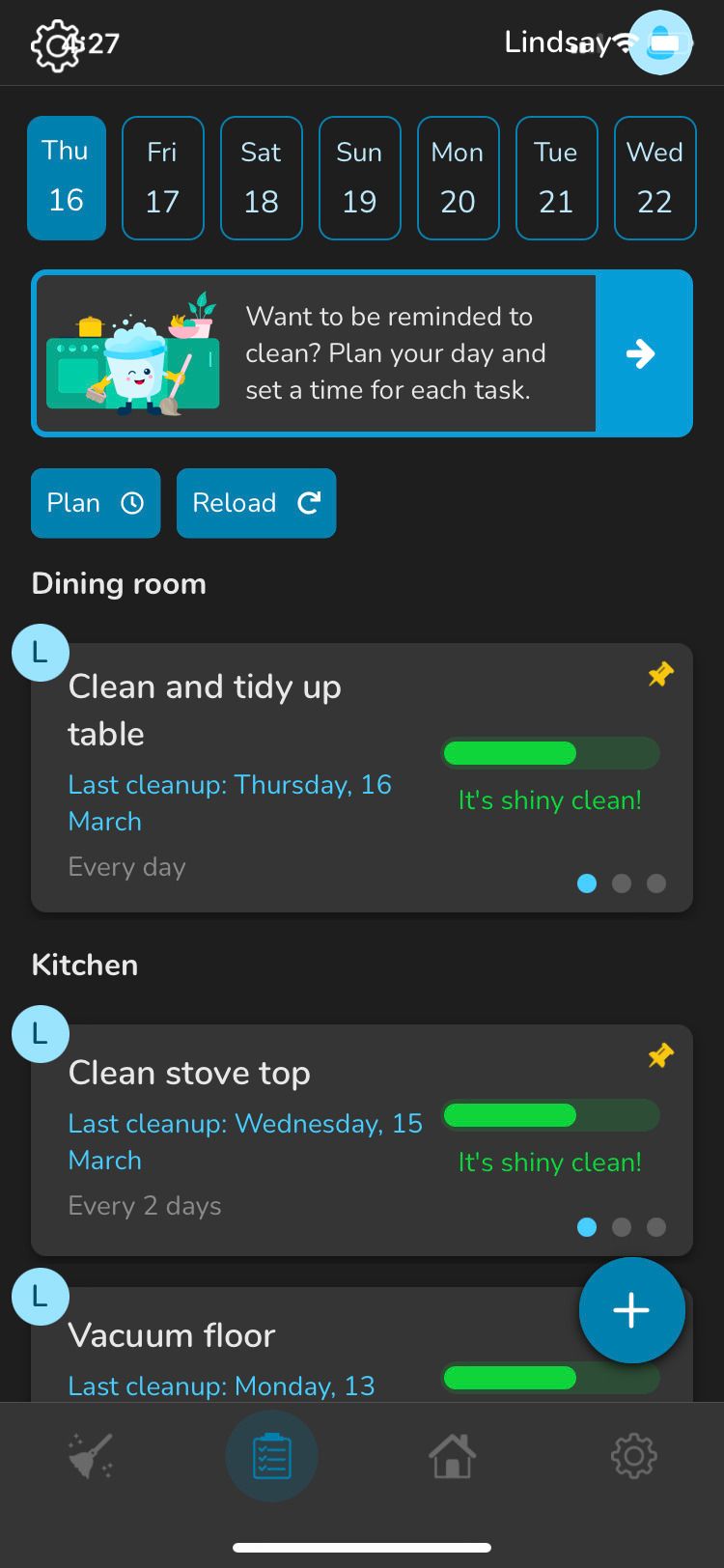 Sweepy Home Cleaning Schedule app Thursday schedule