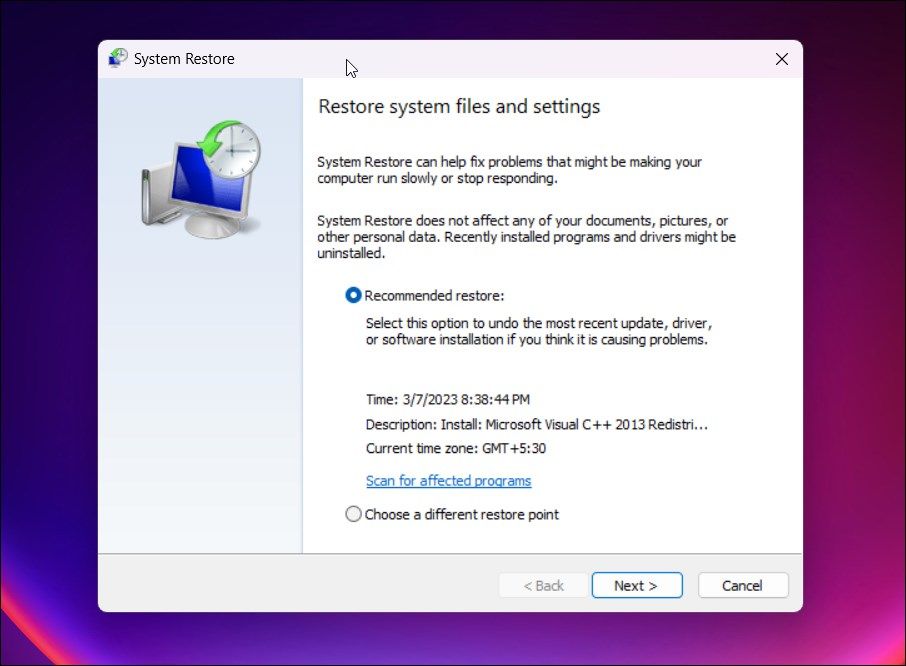 system restore select restore point recommended