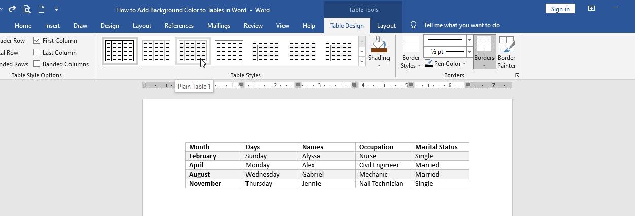 Word Document Showing a Plain Style Table