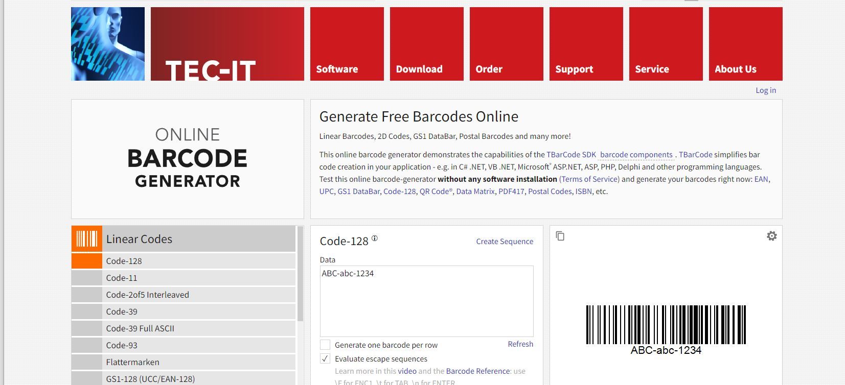 A Screenshot of the TEC IT Free Online Barcode Generator in Use