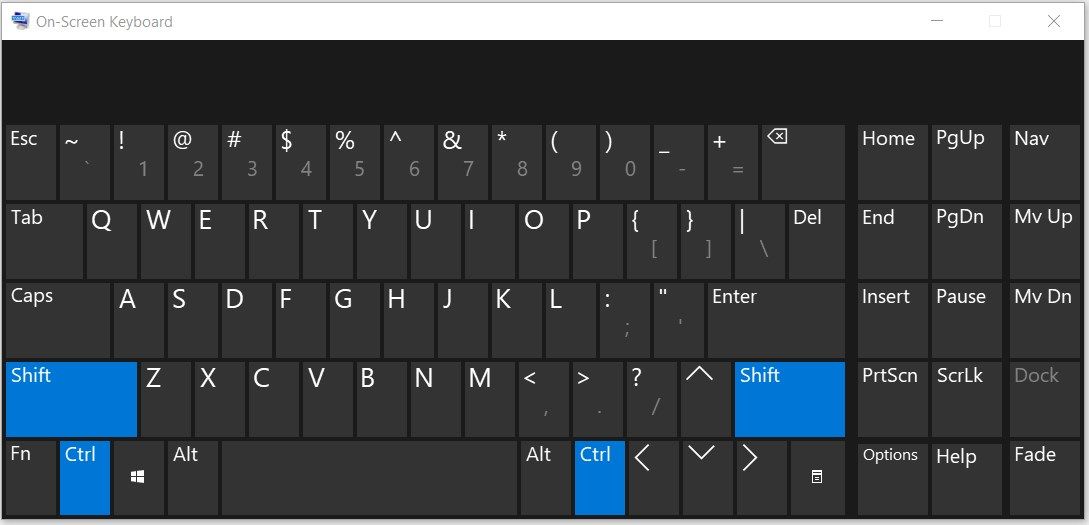 Các nút Ctrl và Shift được đánh dấu màu xanh lam trên bàn phím ảo