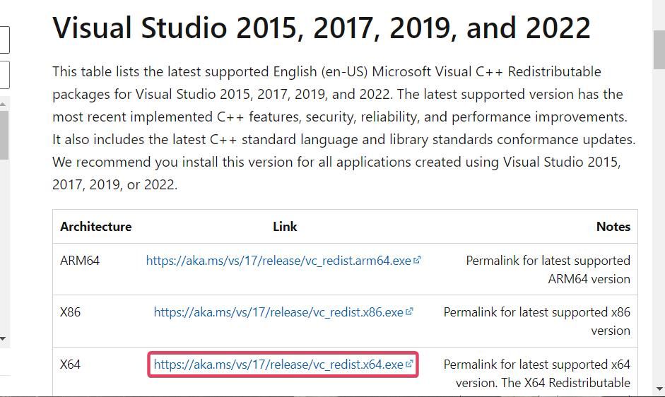 The X64 download link for Visual Studio 2015-2022