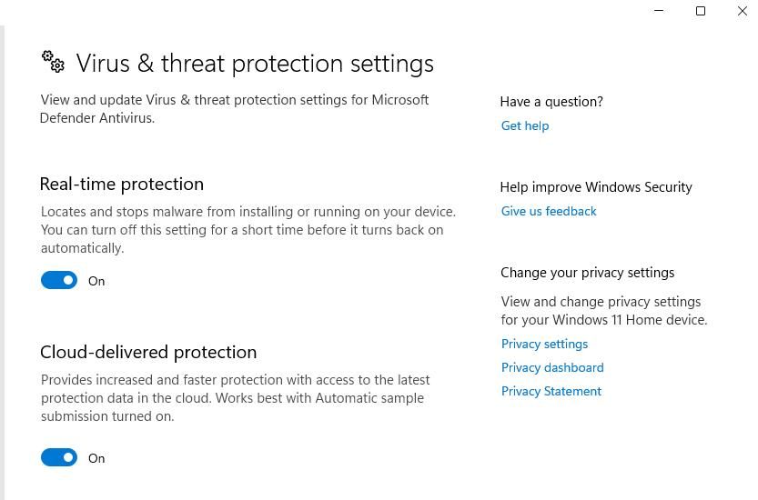 The Real-time protection option in Windows Security 