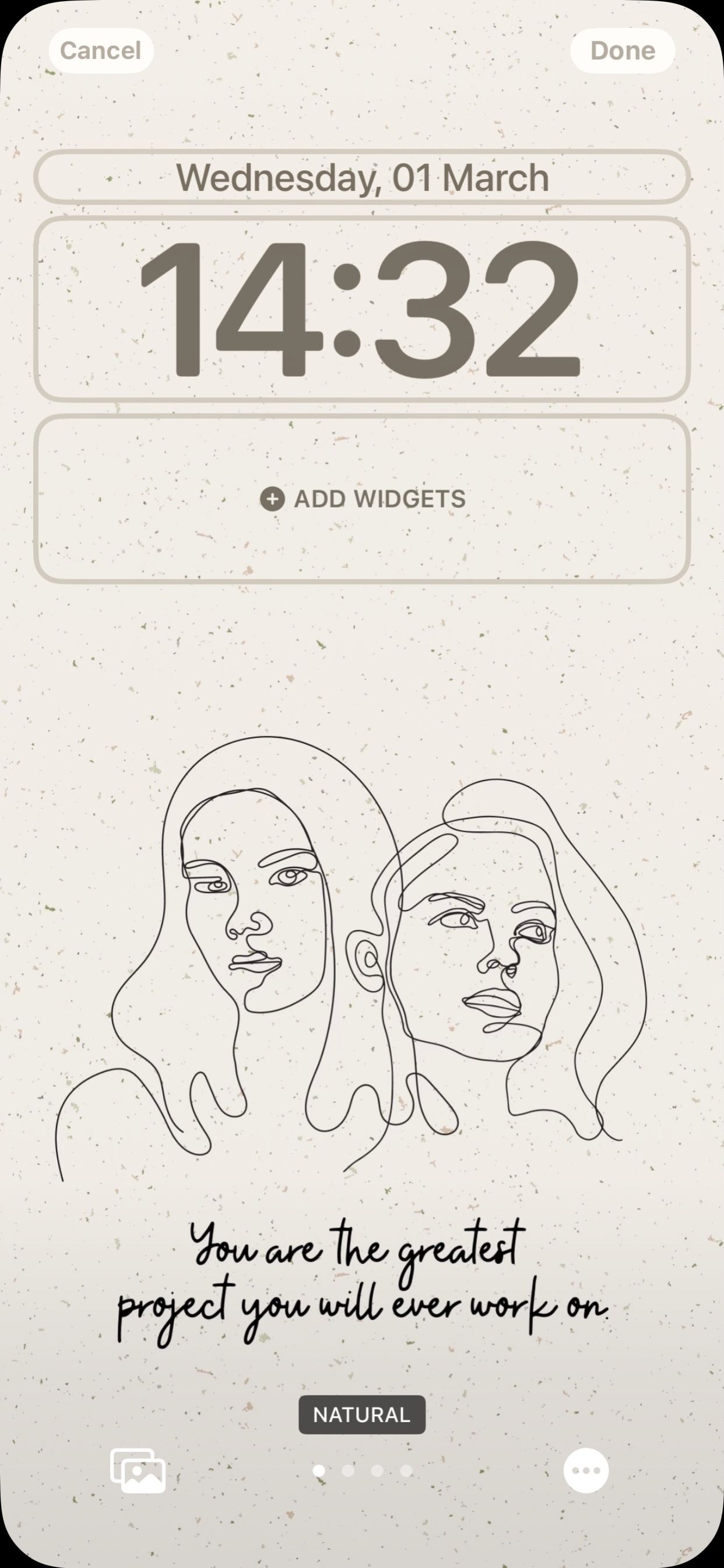 iPhone lockscreen wallpaper drawing of two line art women with the quote 'You are the greatest project you will ever work on' underneath