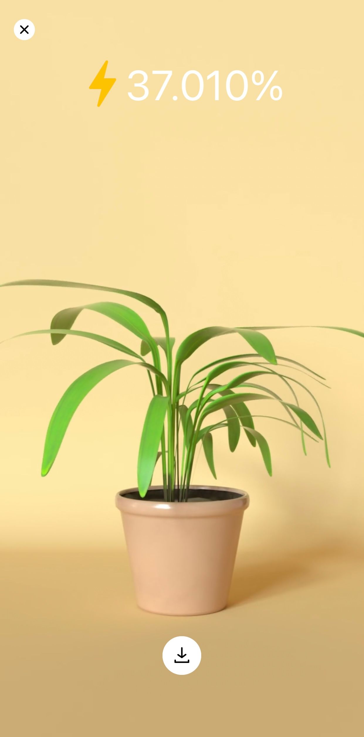 iPhone charging animation of half-erect potted plant against yellow-beige wall