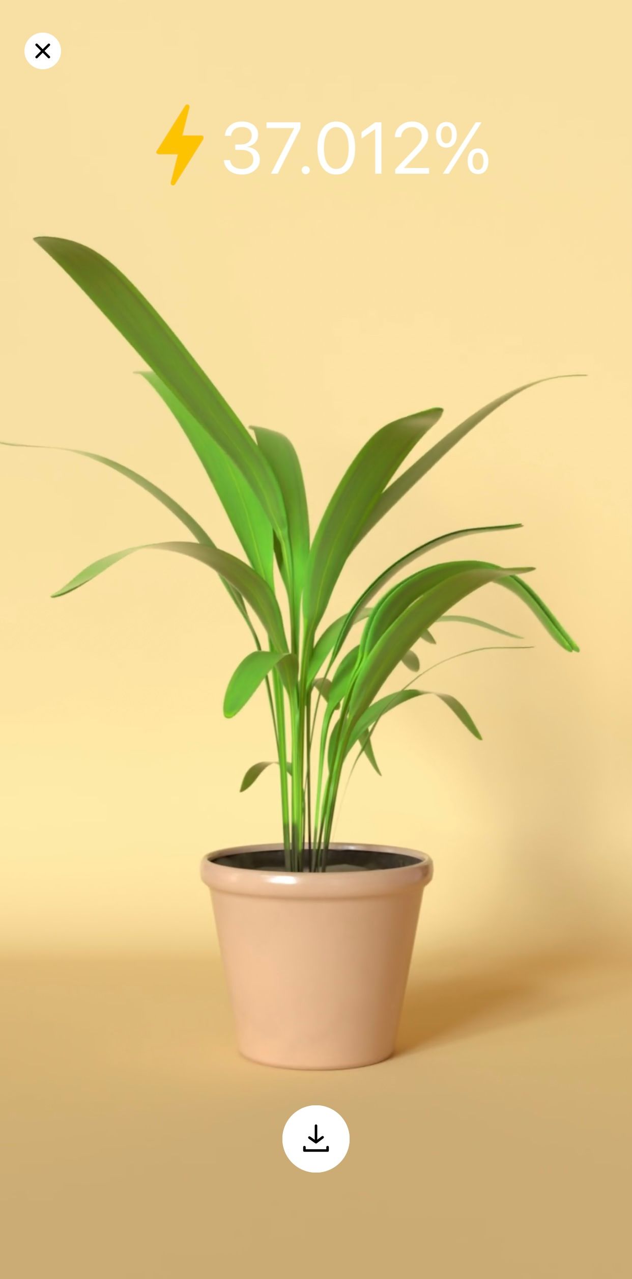 iPhone charging animation of erect green potted plant against yellow-beige wall
