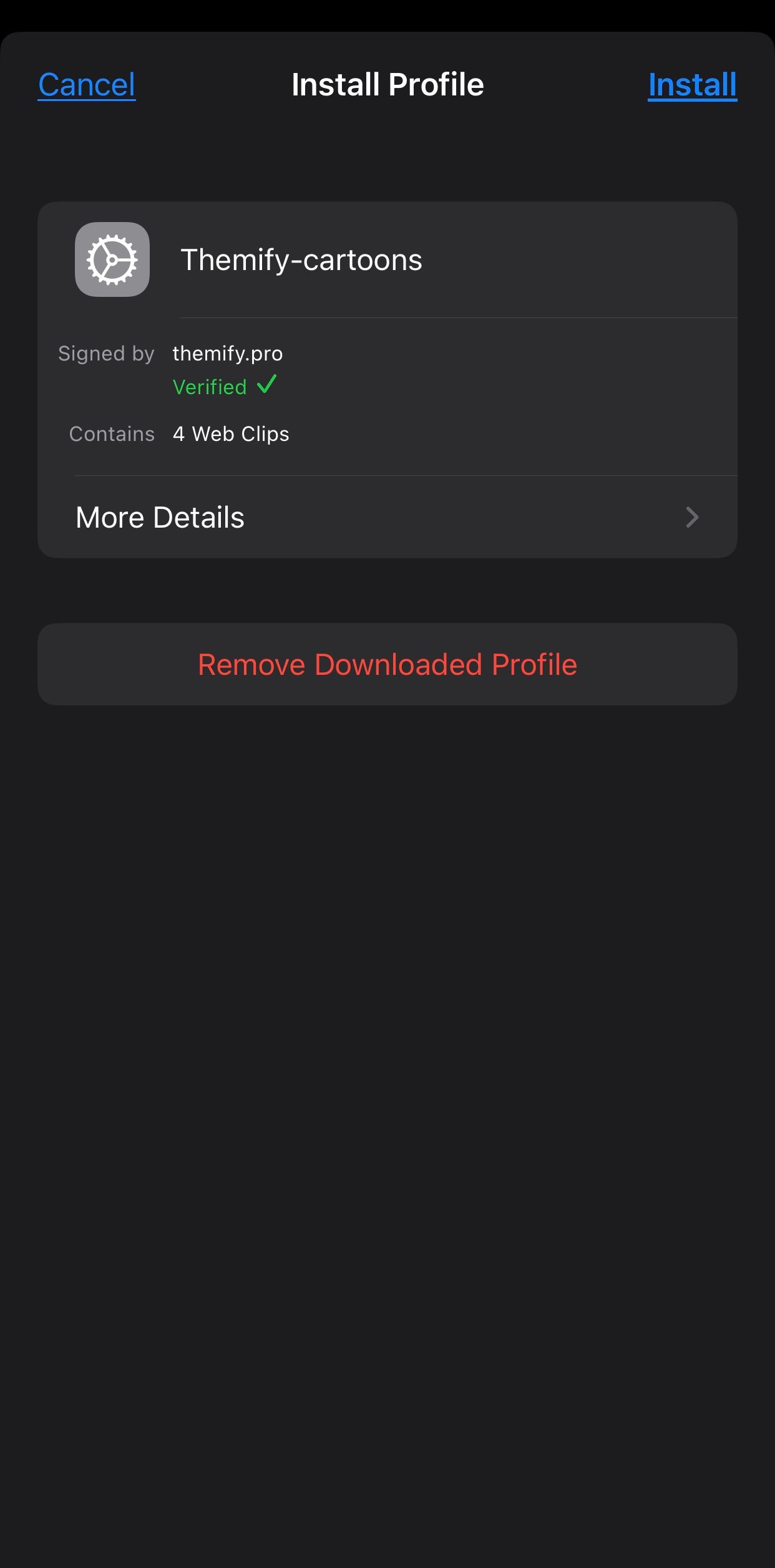 iPhone settings to install profile of downloaded Themify icons