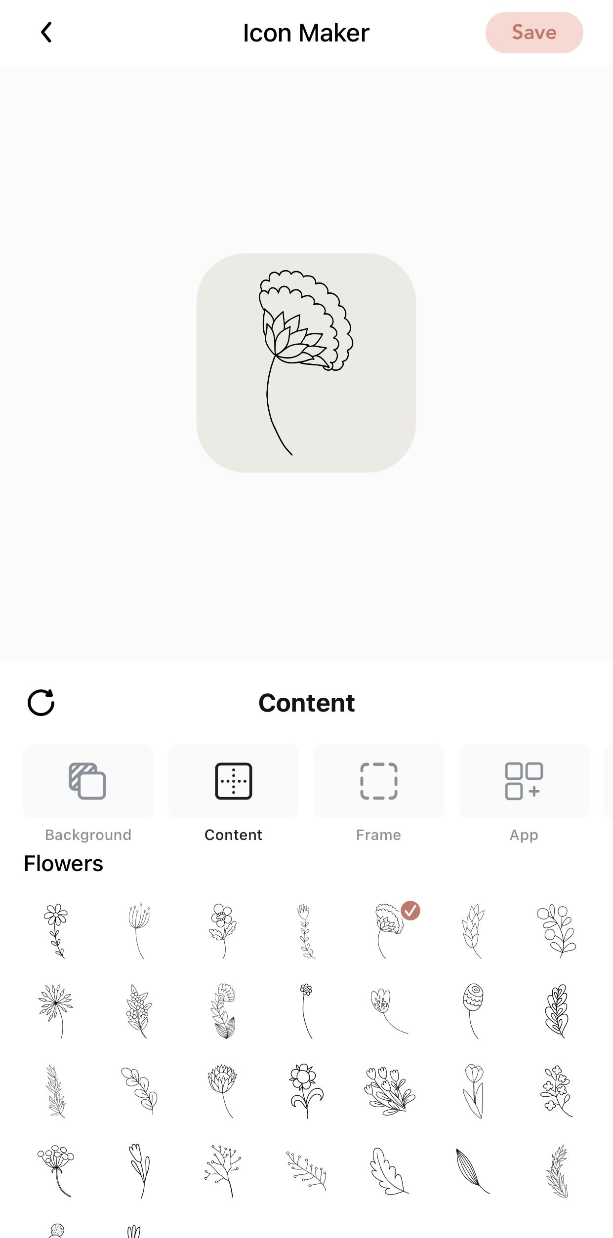 Line art icon of a flower against grey background, and various other flowers icons