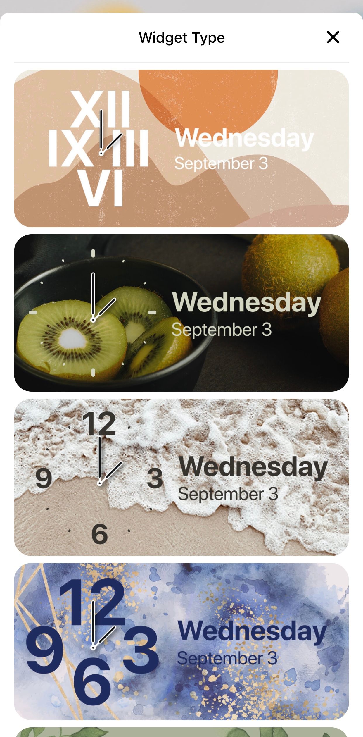 Various types of widgets on Themify displaying the date and time