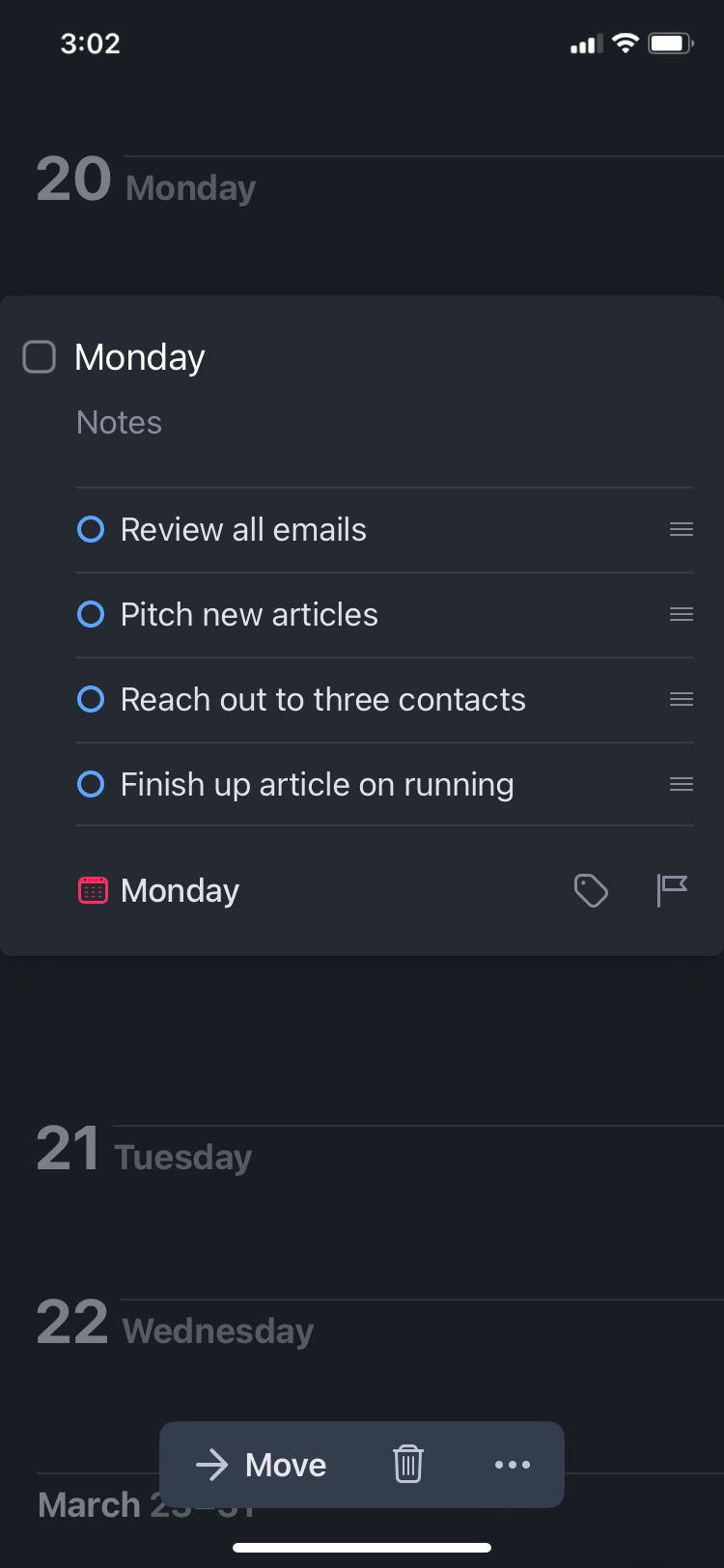 Liste de lundi de l'application Things 3