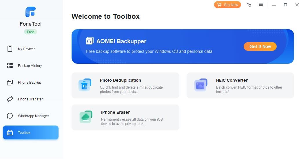 Toolbox tab in FoneTool 