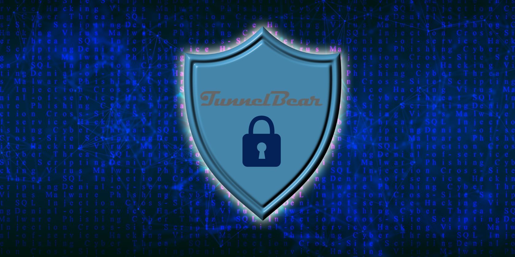 digital graphic of blue shield and code with tunnel bear logo and lock icon on front