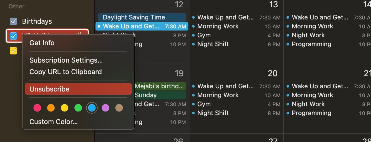 Unsubscribing from a calendar on the Calendar app on macOS