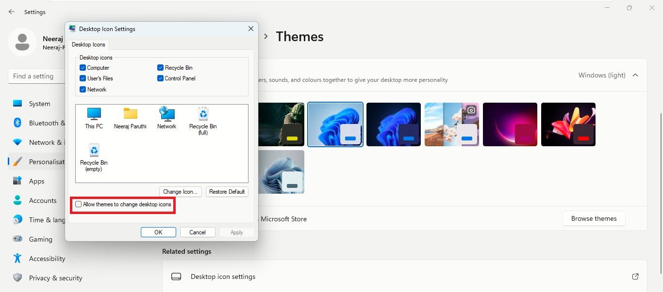 Hapus centang Izinkan Tema Untuk Mengubah Ikon Desktop
