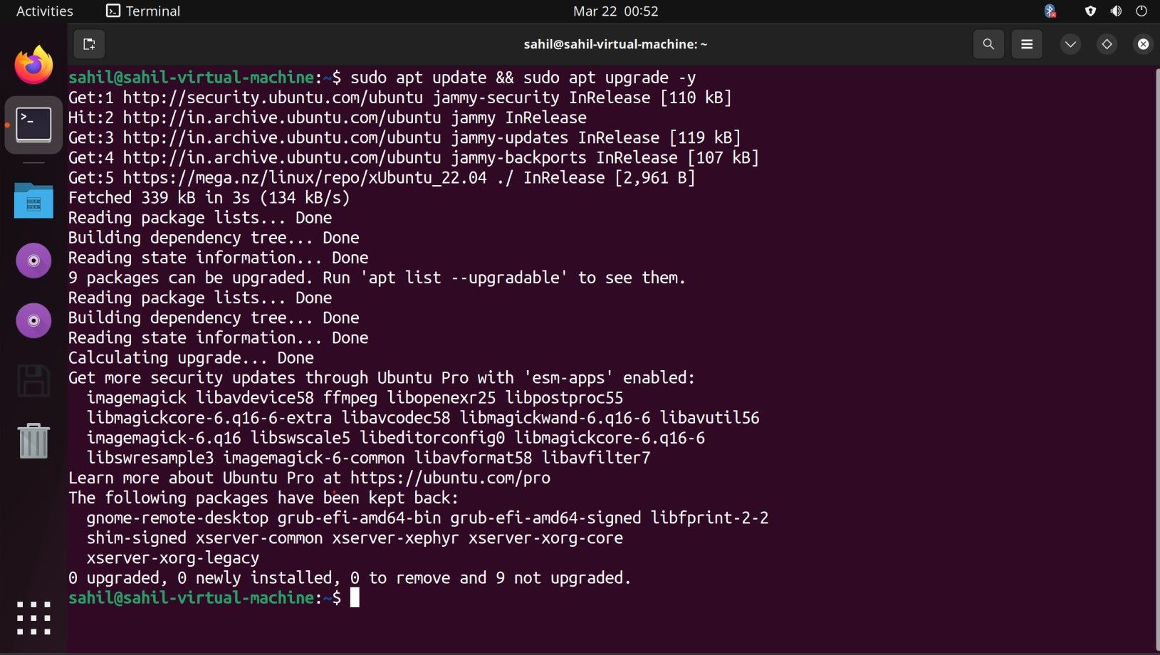 Ubuntu terminal window with code snippets to update the packages