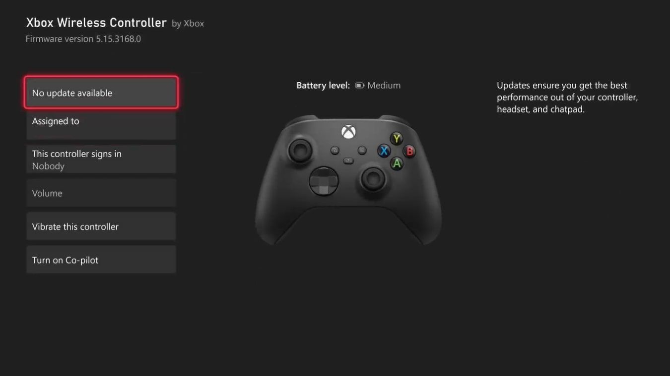 Uma captura de tela das configurações do Xbox Series X Xbox Wireless Controller com nenhuma atualização disponível destacada 