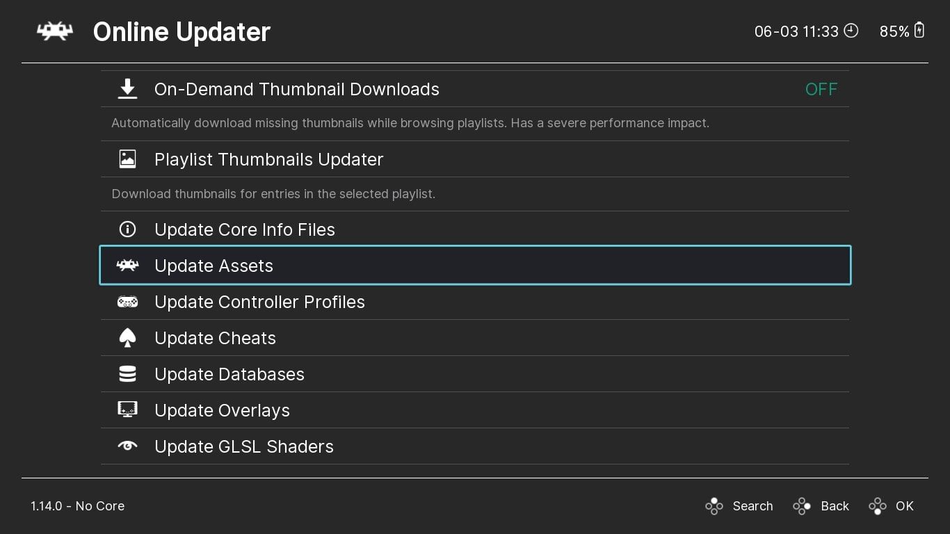 A screenshot of the Update options available through RetroArch highlighting Update Assets