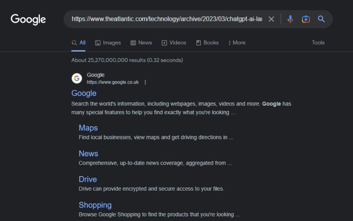 Una captura de pantalla de una URL buscada en Google 