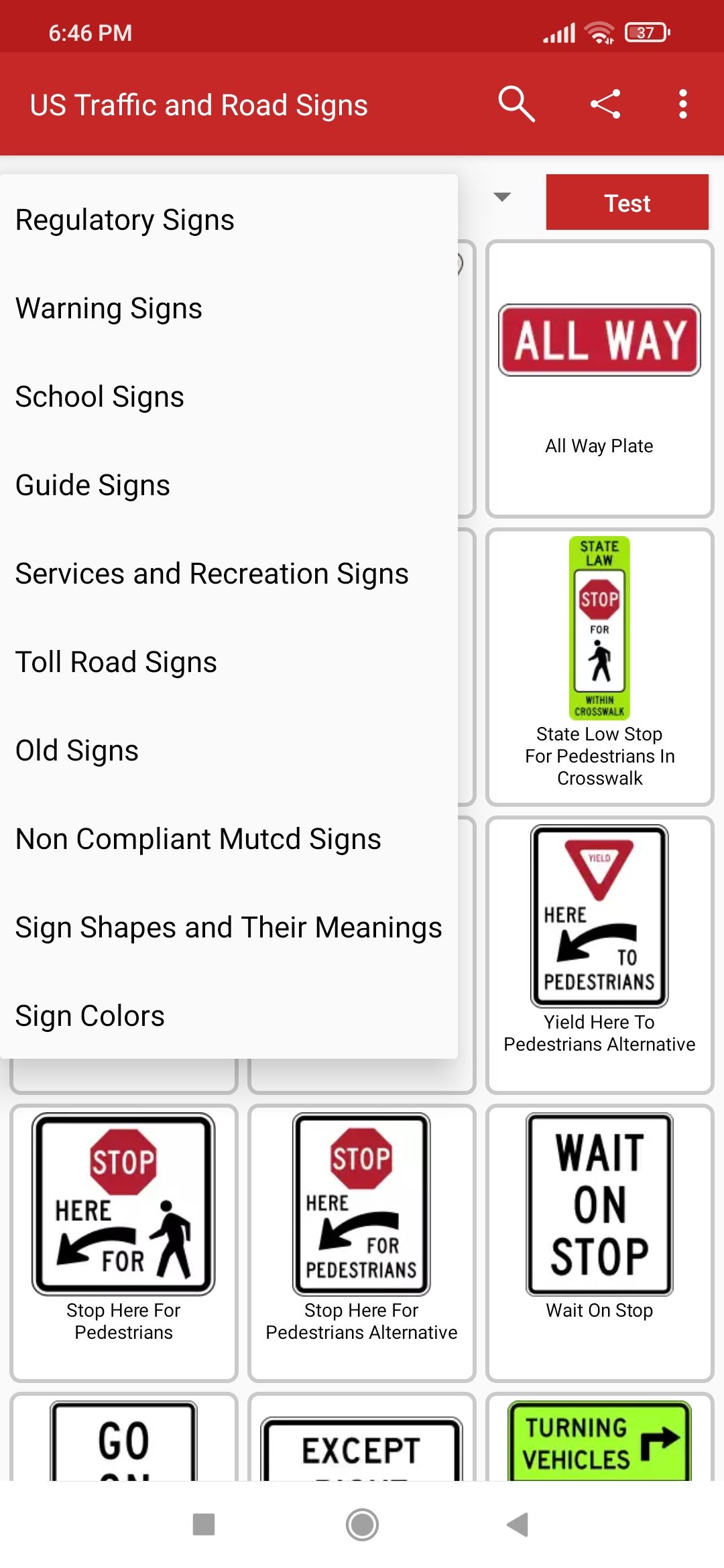 US Traffic and Road Signs app homepage