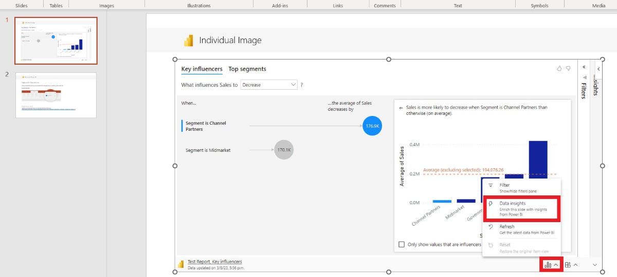 Showing how to select the Data Insights feature from a Power BI key Influencers chart in a PowerPoint Slide