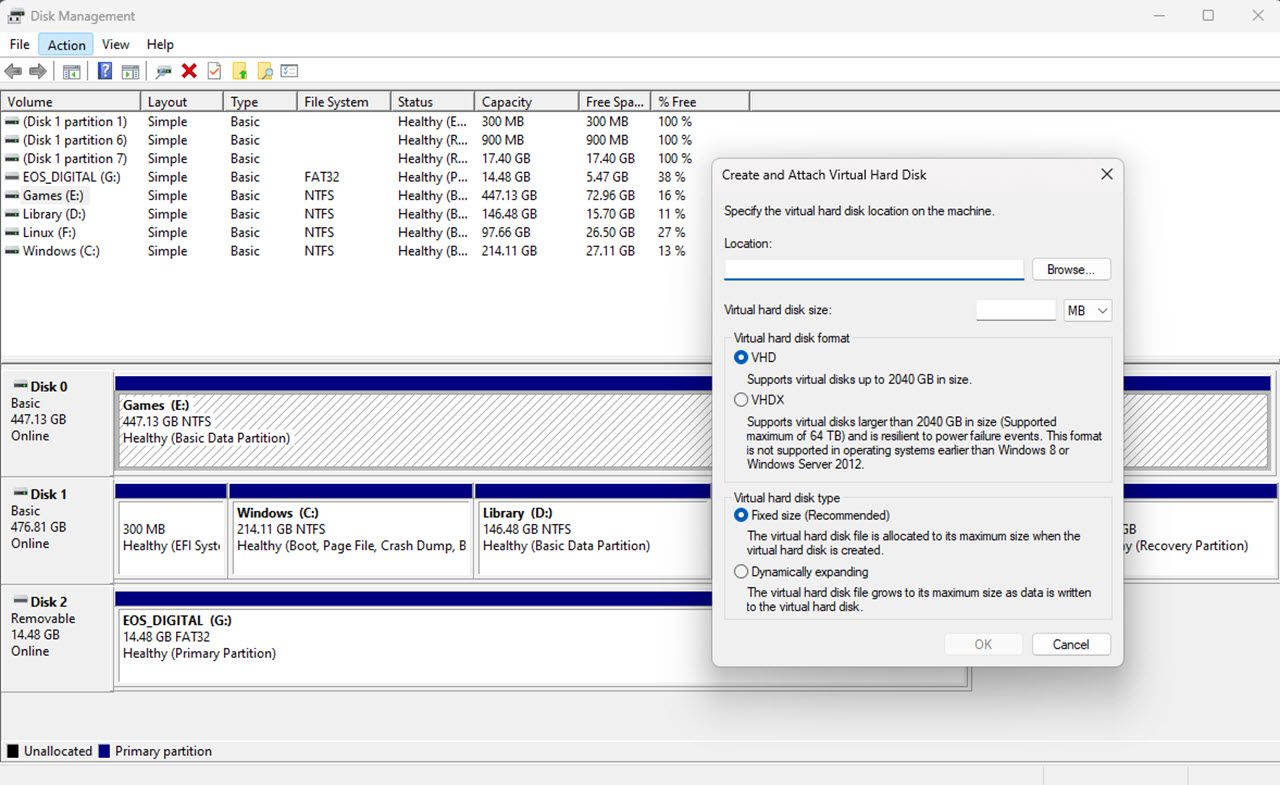VHD file creation options in Disk Management on Windows