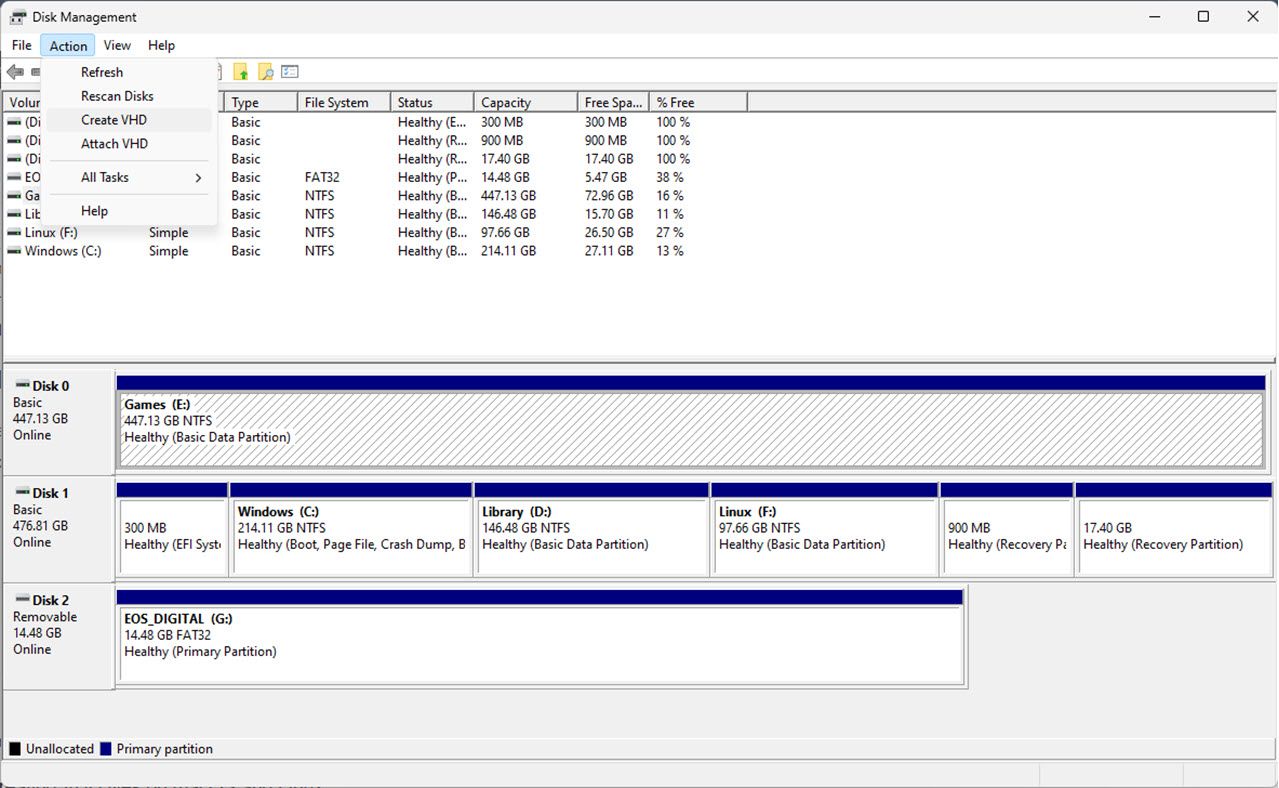 VHD file creation menu in Disk Management on Windows