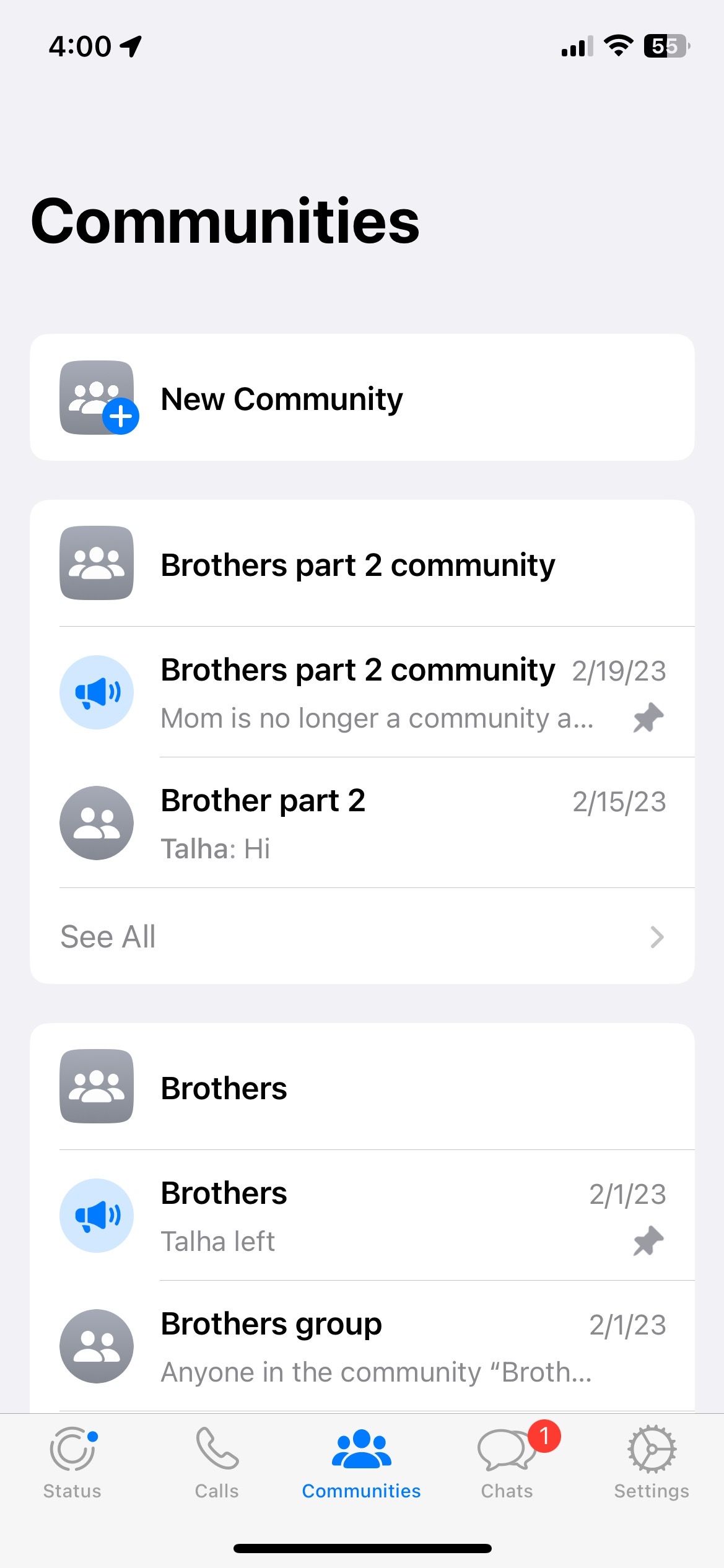 WhatsApp Communities section