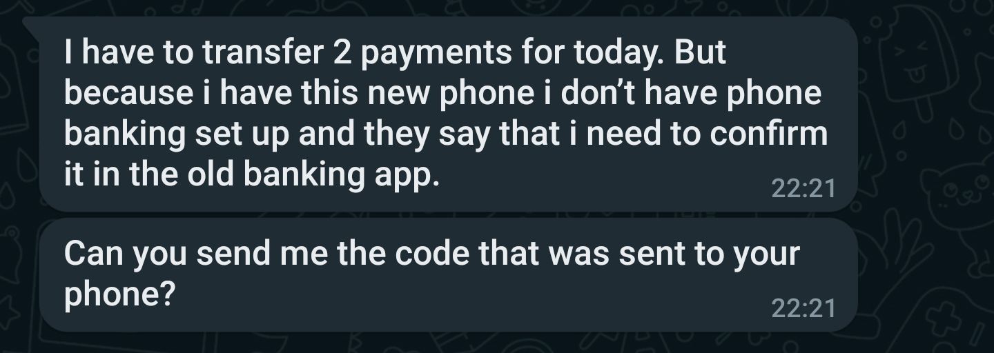 whatsapp scam message asking to send a banking code