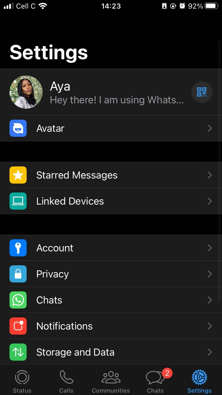 WhatsApp settings page on mobile app