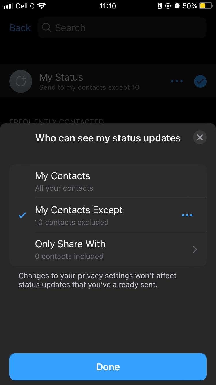 WhatsApp status update private audience selector on mobile